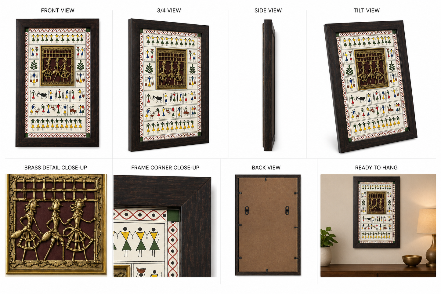 Tribal 3 Figure Brass Square Hand Artwork with Warli Art Frame