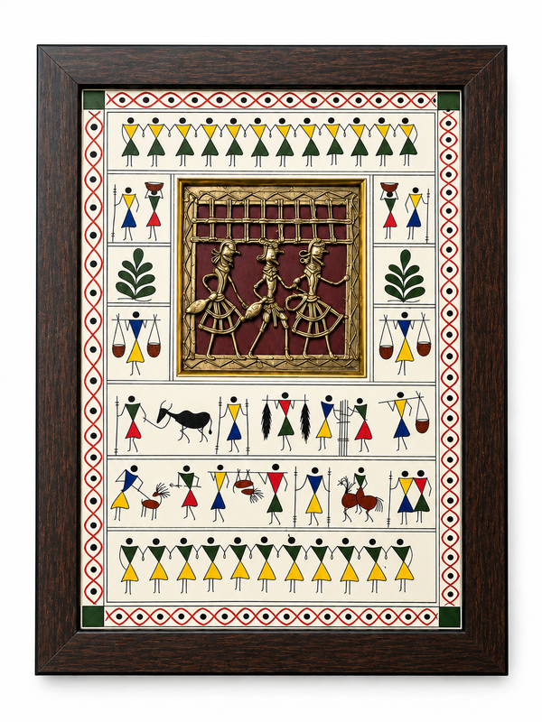 Tribal 3 Figure Brass Square Hand Artwork with Warli Art Frame