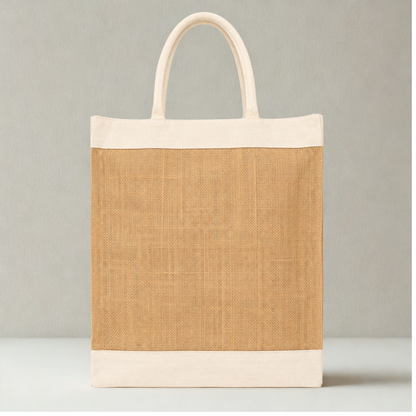 Elegant Natural Jute Tote Bag with Cotton Border & Soft Rope Handles (Size - 17"X13"x8")