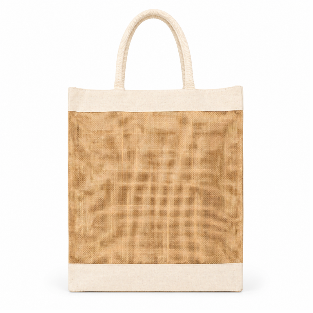 Elegant Natural Jute Tote Bag with Cotton Border & Soft Rope Handles (Size - 17"X13"x8")