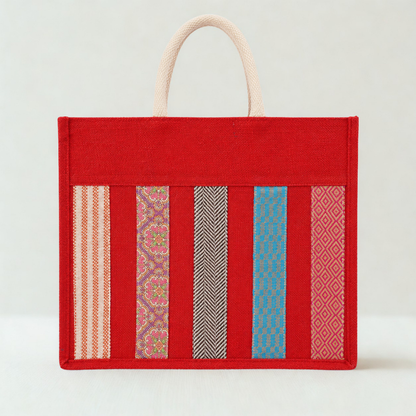 Premium Red Jute Tote Bag with Multi-Pattern Patchwork Design & Zip Closure ( size- 14"X16"x05" )