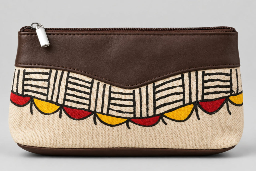 A small zippered pouch with a dark brown leather top, cream canvas body, and a hand-drawn style pattern band featuring black stripes, yellow, red, and blue accents, set against a neutral beige background.