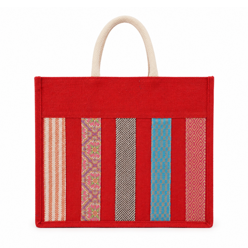 Premium Red Jute Tote Bag with Multi-Pattern Patchwork Design & Zip Closure ( size- 14"X16"x05" )