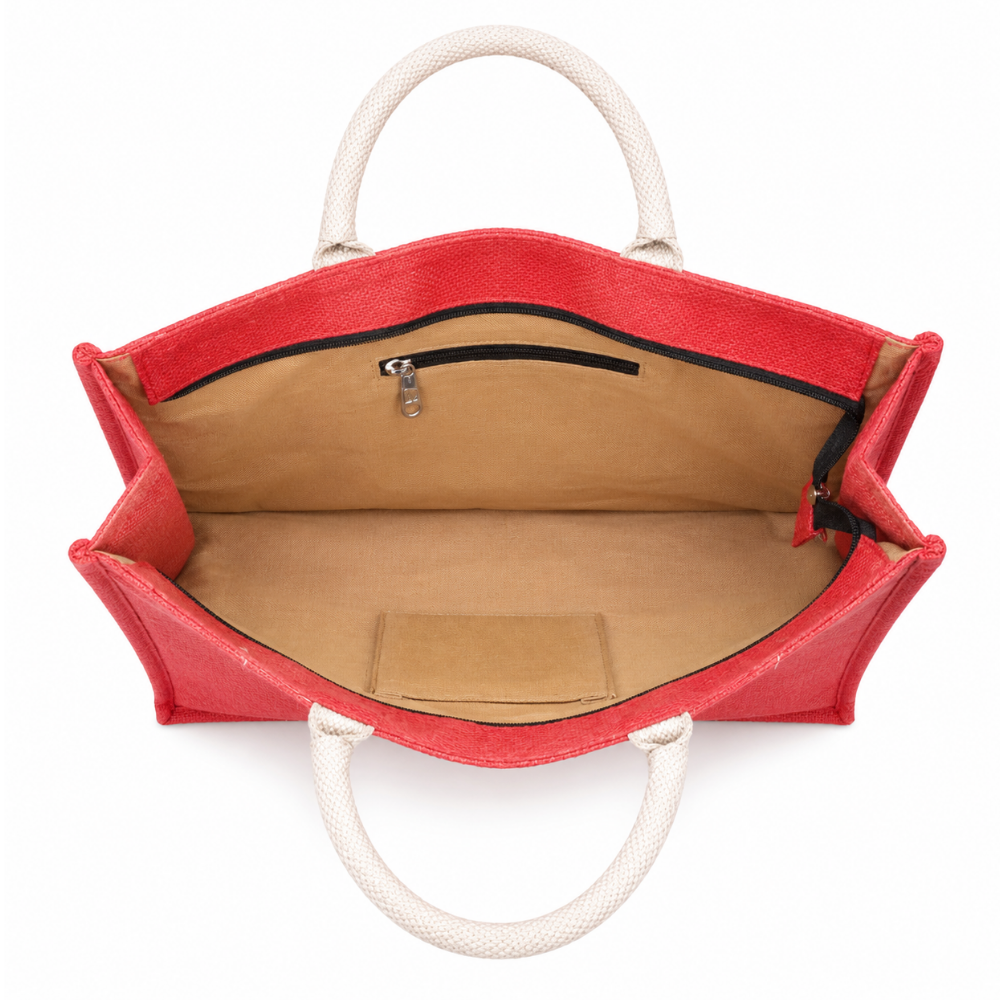 Premium Red Jute Tote Bag with Multi-Pattern Patchwork Design & Zip Closure ( size- 14"X16"x05" )
