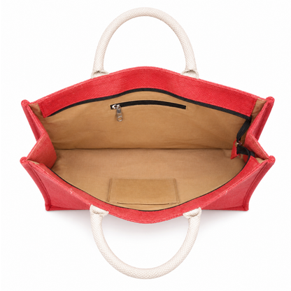 Premium Red Jute Tote Bag with Multi-Pattern Patchwork Design & Zip Closure ( size- 14"X16"x05" )