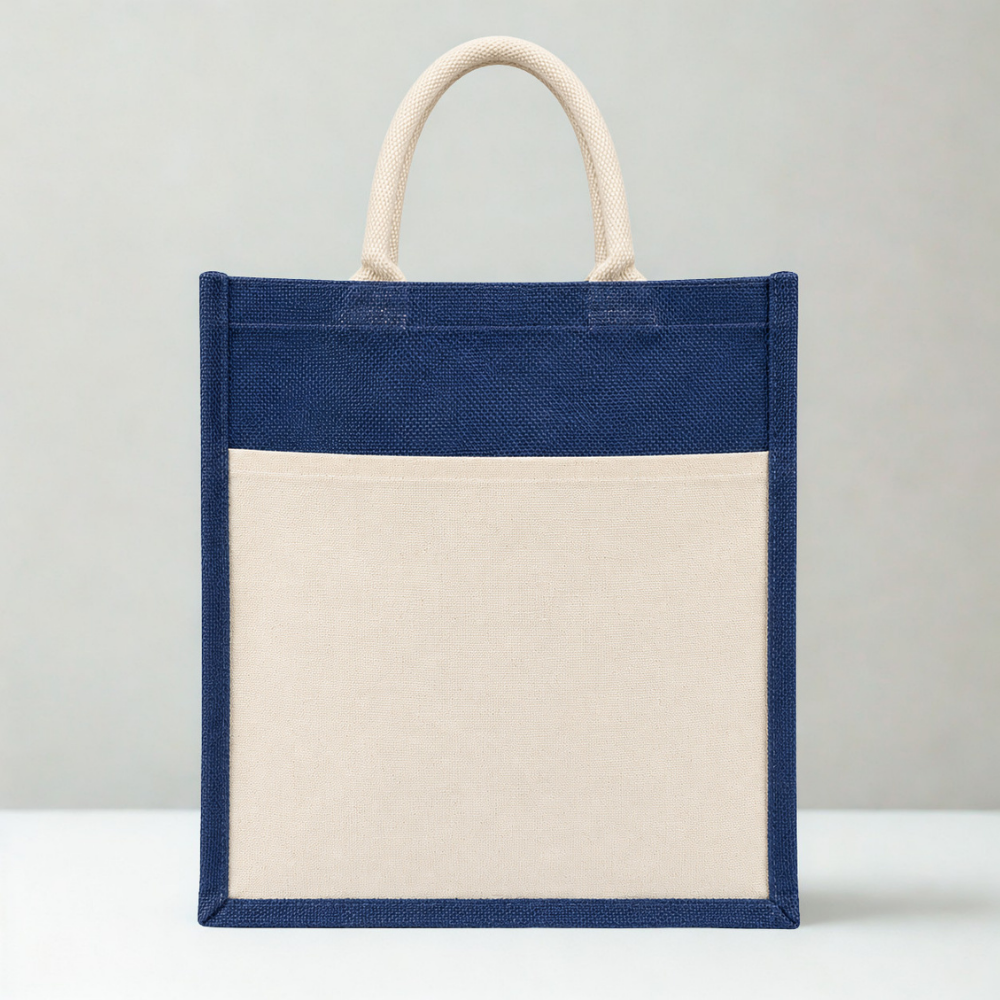 Premium Blue & Natural Jute Tote Bag – Eco-Friendly Reusable Shopping & Gift Bag ( size - 12"X14"x6" )