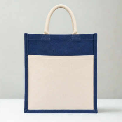 Premium Blue & Natural Jute Tote Bag – Eco-Friendly Reusable Shopping & Gift Bag ( size - 12"X14"x6" )