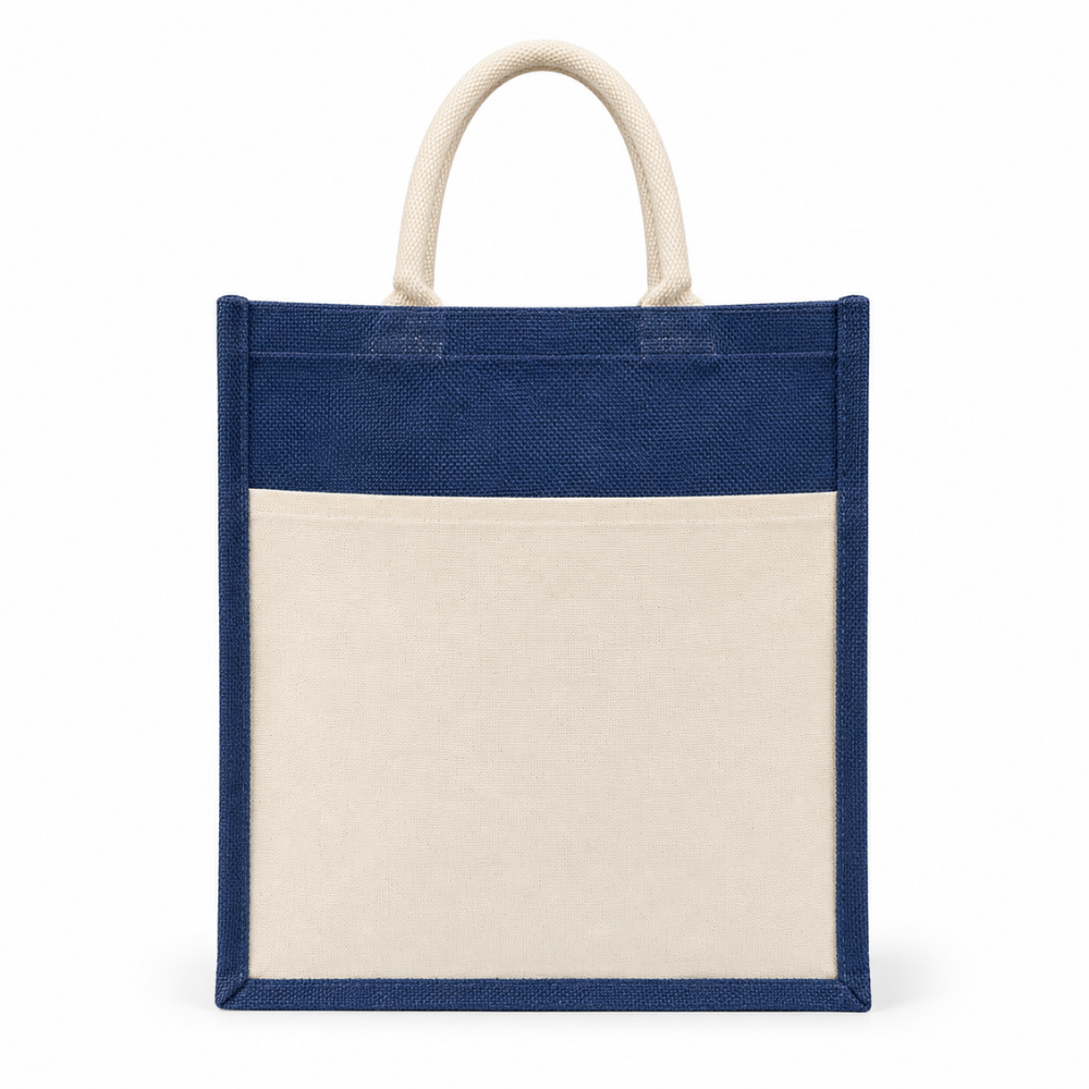 Premium Blue & Natural Jute Tote Bag – Eco-Friendly Reusable Shopping & Gift Bag ( size - 12"X14"x6" )