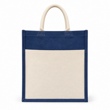 Premium Blue & Natural Jute Tote Bag – Eco-Friendly Reusable Shopping & Gift Bag ( size - 12"X14"x6" )