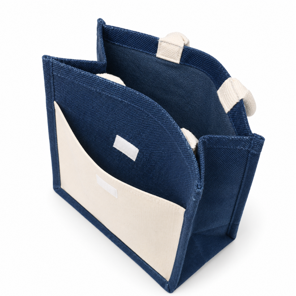 Premium Blue & Natural Jute Tote Bag – Eco-Friendly Reusable Shopping & Gift Bag ( size - 12"X14"x6" )