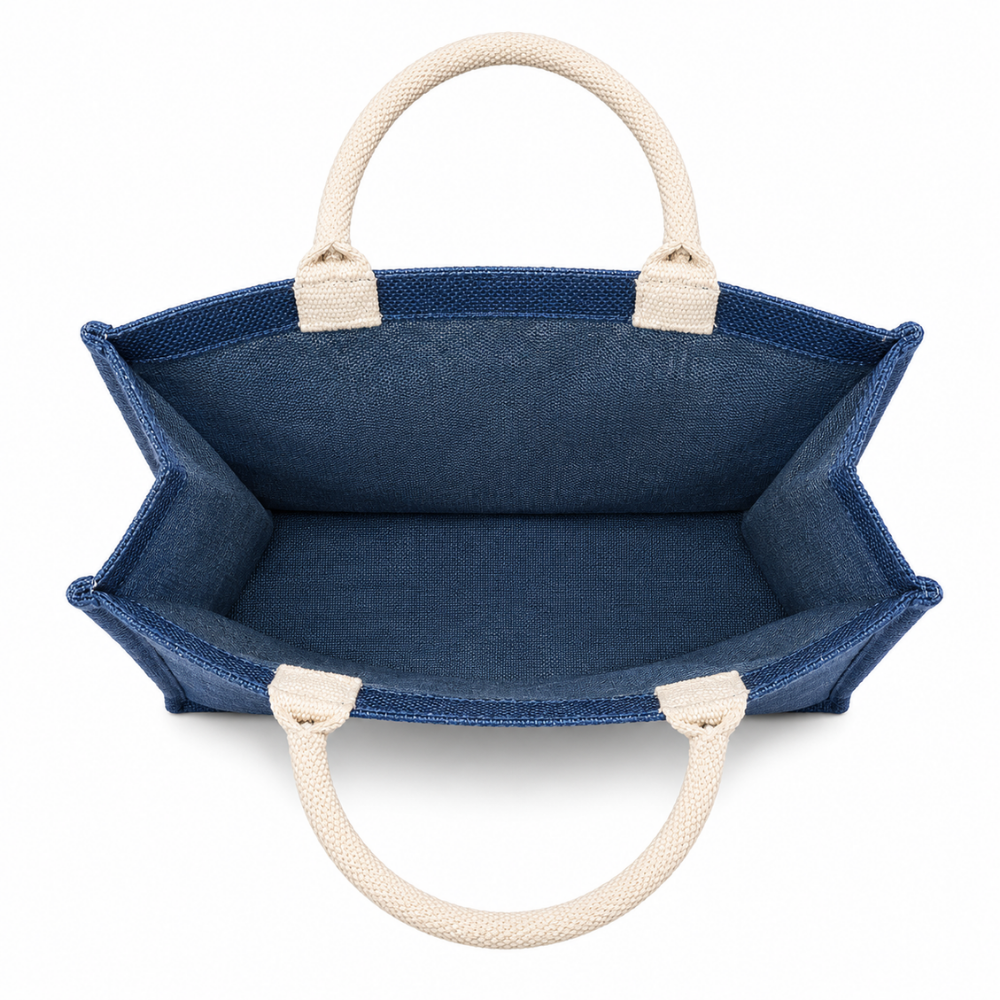 Premium Blue & Natural Jute Tote Bag – Eco-Friendly Reusable Shopping & Gift Bag ( size - 12"X14"x6" )