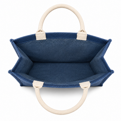 Premium Blue & Natural Jute Tote Bag – Eco-Friendly Reusable Shopping & Gift Bag ( size - 12"X14"x6" )