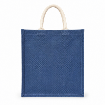 Premium Blue & Natural Jute Tote Bag – Eco-Friendly Reusable Shopping & Gift Bag ( size - 12"X14"x6" )