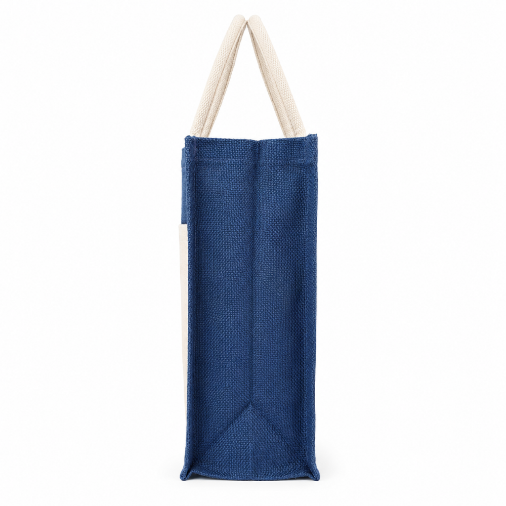 Premium Blue & Natural Jute Tote Bag – Eco-Friendly Reusable Shopping & Gift Bag ( size - 12"X14"x6" )