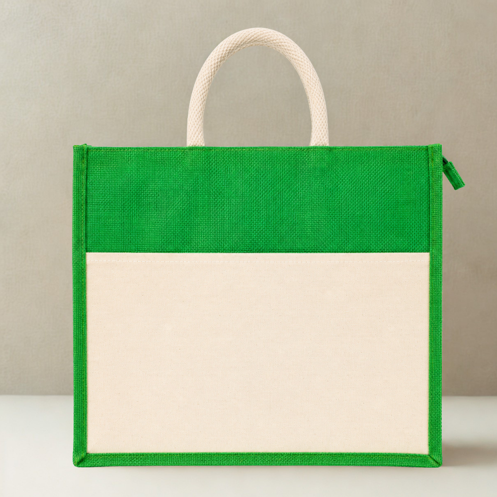 Premium Green & Natural Jute Tote Bag with Front Cotton Panel and Zipper Closure ( Size- 14"X18"x5")