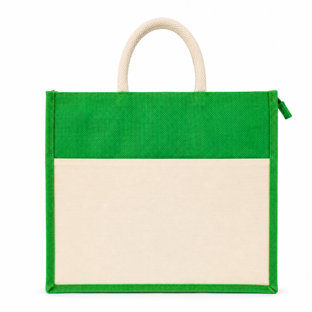 Premium Green & Natural Jute Tote Bag with Front Cotton Panel and Zipper Closure ( Size- 14"X18"x5")