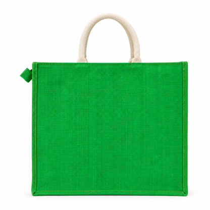 Premium Green & Natural Jute Tote Bag with Front Cotton Panel and Zipper Closure ( Size- 14"X18"x5")