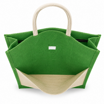 Premium Green & Natural Jute Tote Bag with Front Cotton Panel and Zipper Closure ( Size- 14"X18"x5")