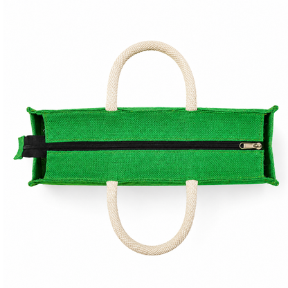Premium Green & Natural Jute Tote Bag with Front Cotton Panel and Zipper Closure ( Size- 14"X18"x5")
