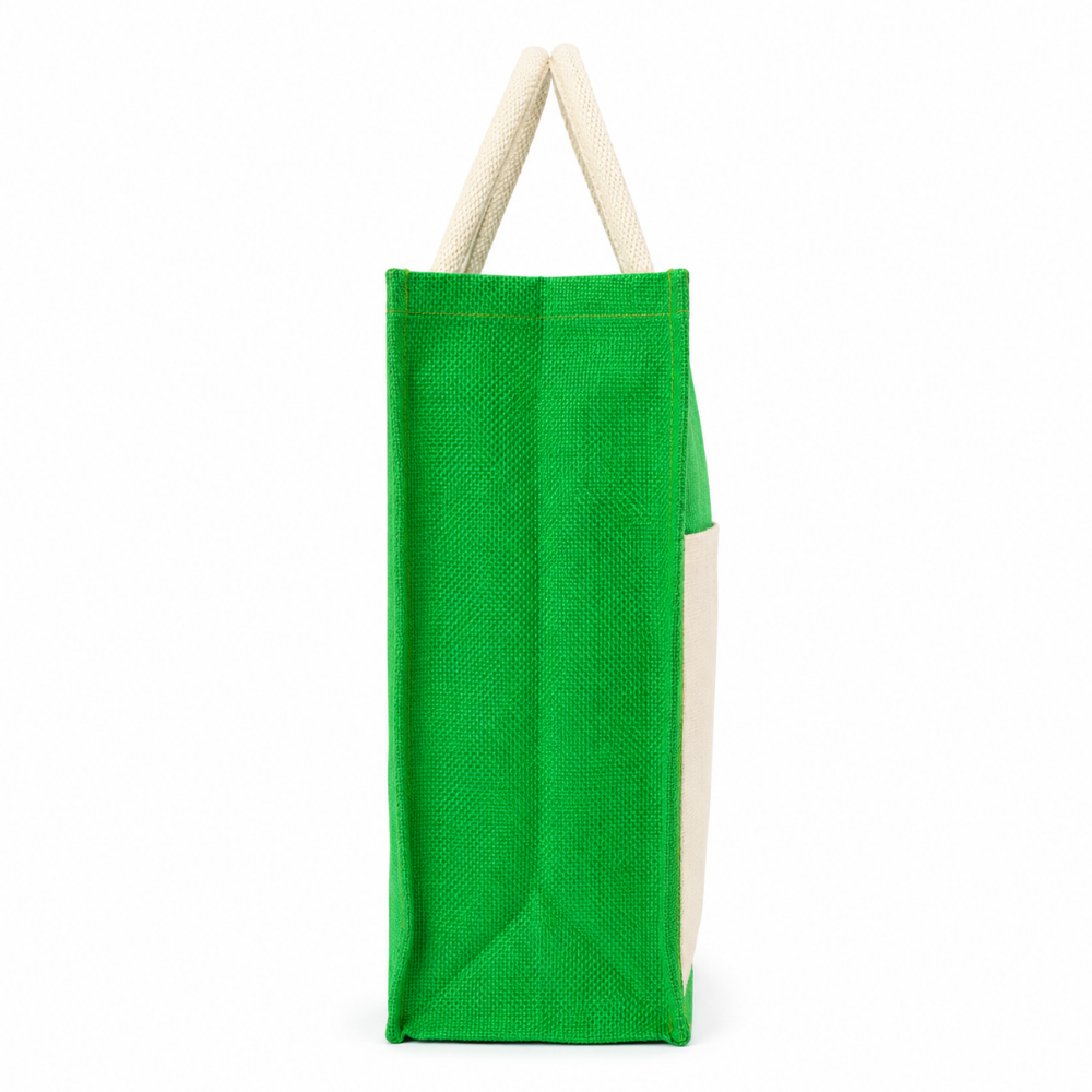 Premium Green & Natural Jute Tote Bag with Front Cotton Panel and Zipper Closure ( Size- 14"X18"x5")