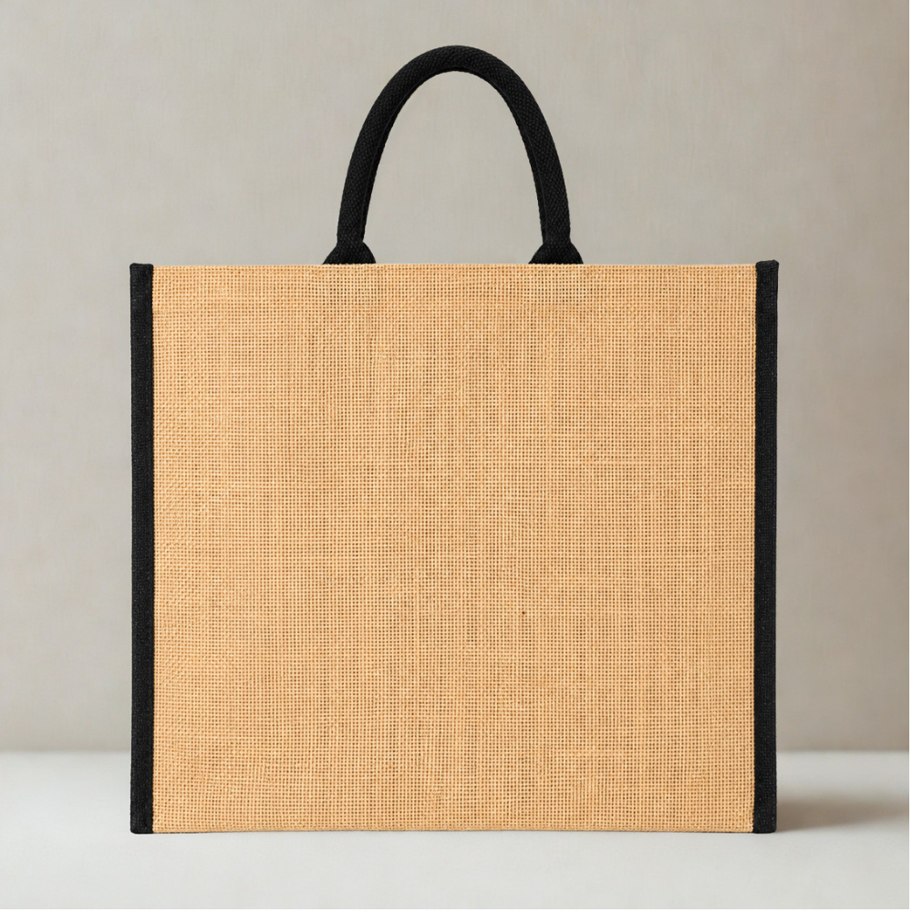 Premium Natural Jute Shopping Tote Bag with Black Handles & Reinforced Structure (size- 14"x16"x7.5")