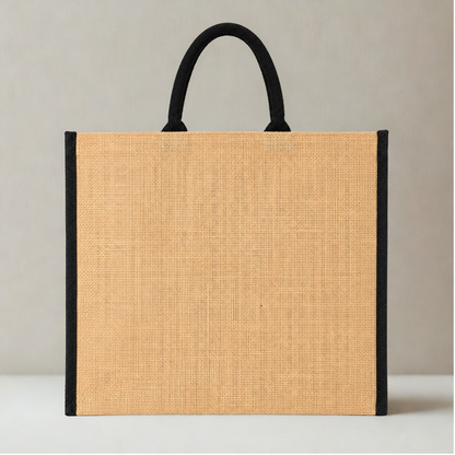 Premium Natural Jute Shopping Tote Bag with Black Handles & Reinforced Structure (size- 14"x16"x7.5")