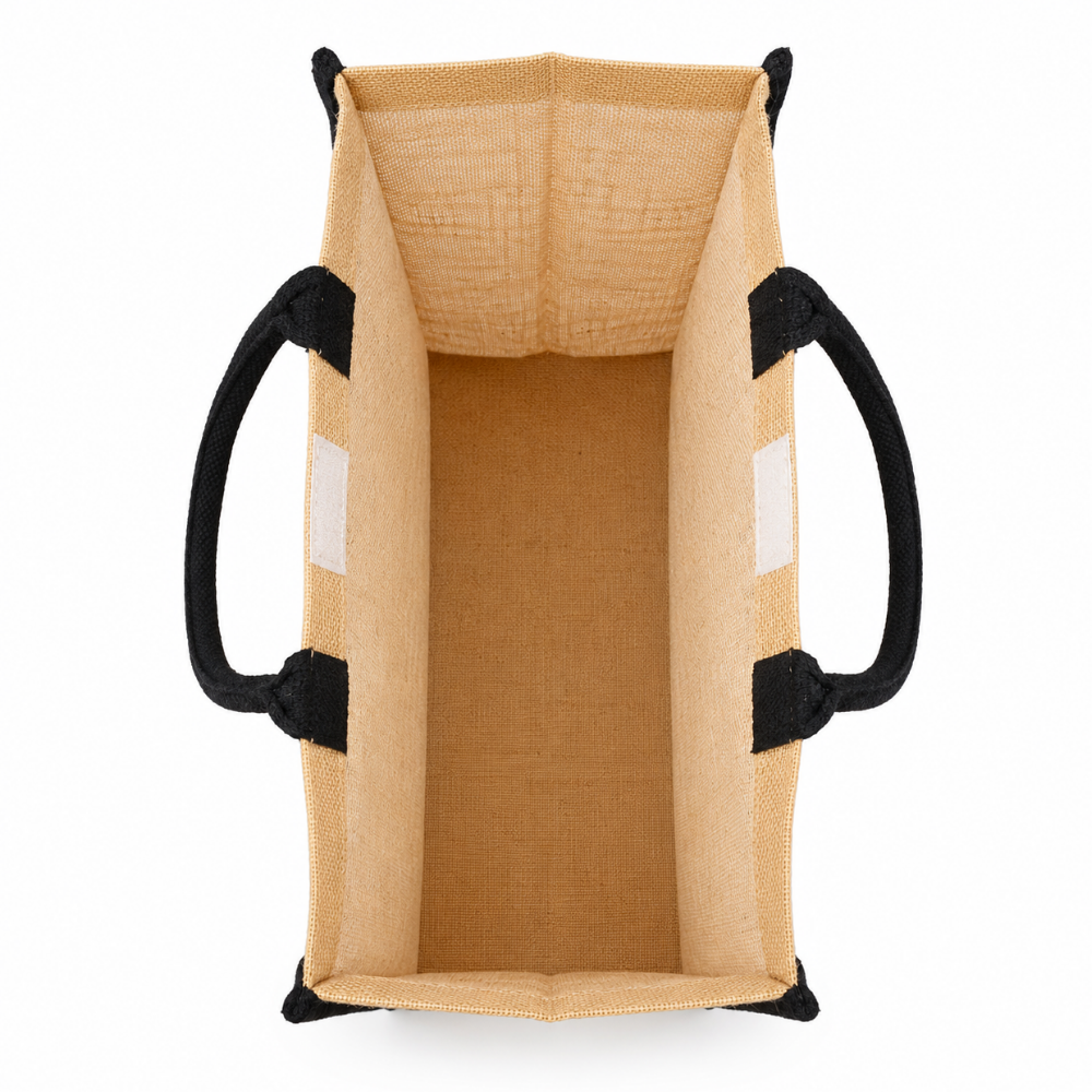Premium Natural Jute Shopping Tote Bag with Black Handles & Reinforced Structure (size- 14"x16"x7.5")