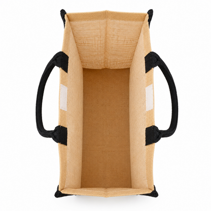 Premium Natural Jute Shopping Tote Bag with Black Handles & Reinforced Structure (size- 14"x16"x7.5")