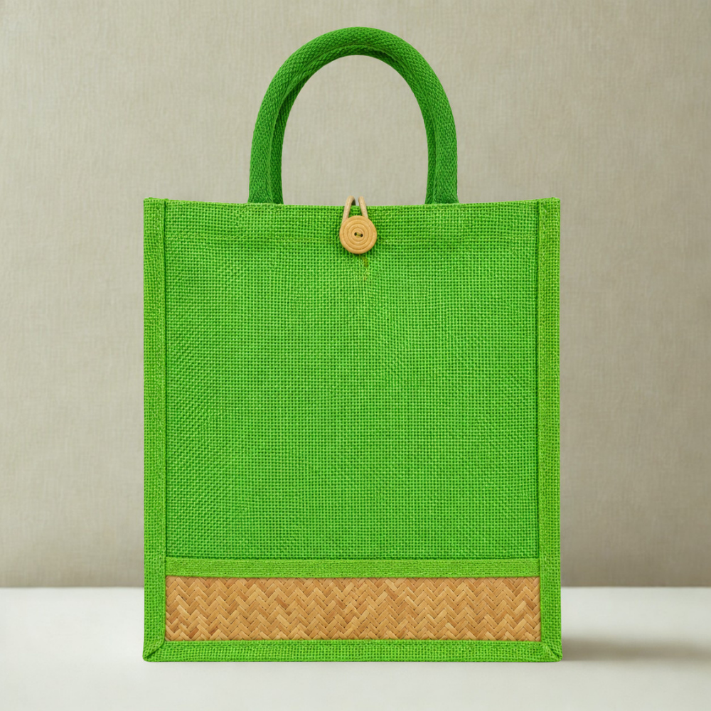 Eco-Friendly Green Jute Tote Bag with Bamboo Weave Accent & Wooden Button Closure (Size - 14"X12"x04")