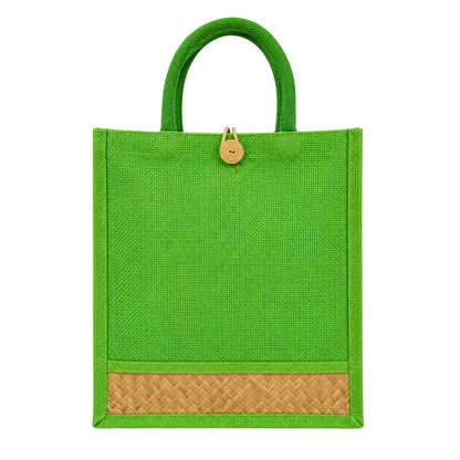 Eco-Friendly Green Jute Tote Bag with Bamboo Weave Accent & Wooden Button Closure (Size - 14"X12"x04")
