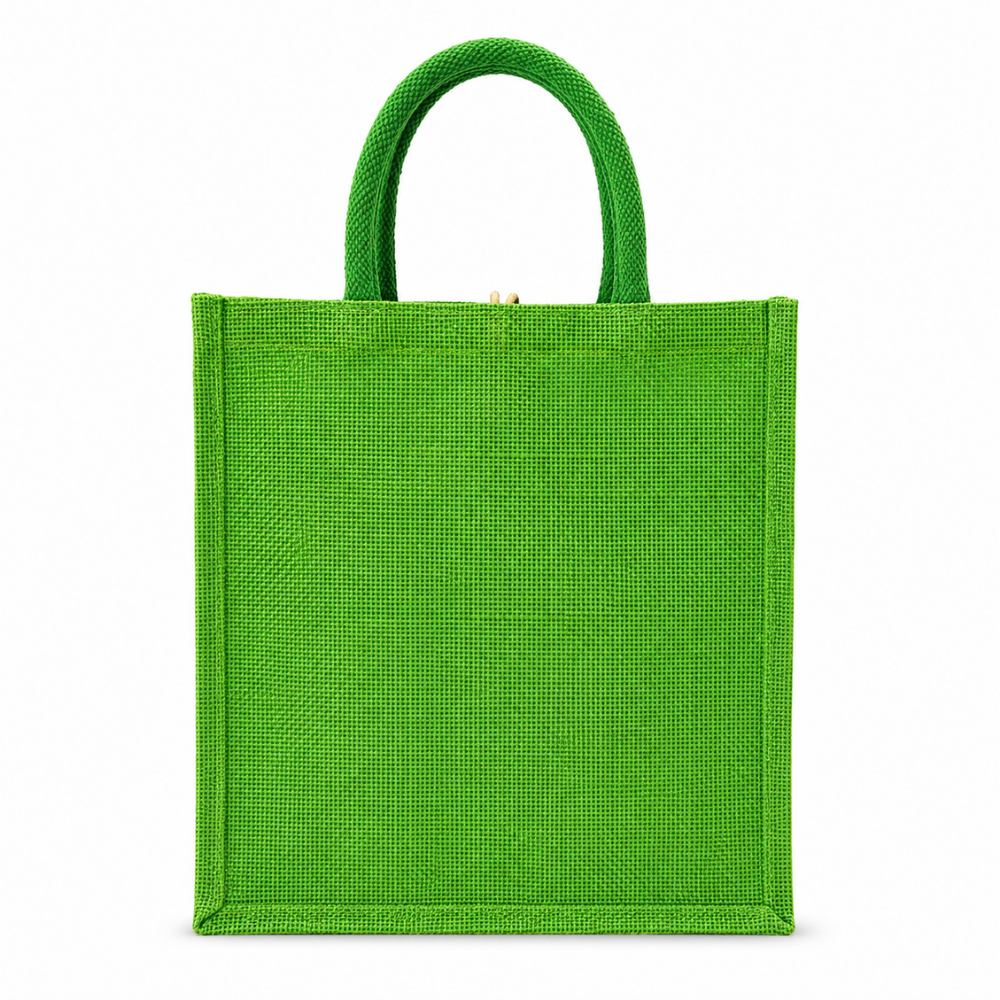 Eco-Friendly Green Jute Tote Bag with Bamboo Weave Accent & Wooden Button Closure (Size - 14"X12"x04")