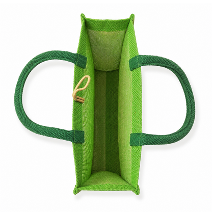 Eco-Friendly Green Jute Tote Bag with Bamboo Weave Accent & Wooden Button Closure (Size - 14"X12"x04")