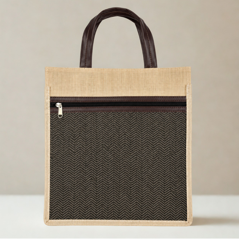 Premium Designer Jute Office Tote Bag with Front Zipper Pocket & Leatherette Handles (size - 12"X14"x5")