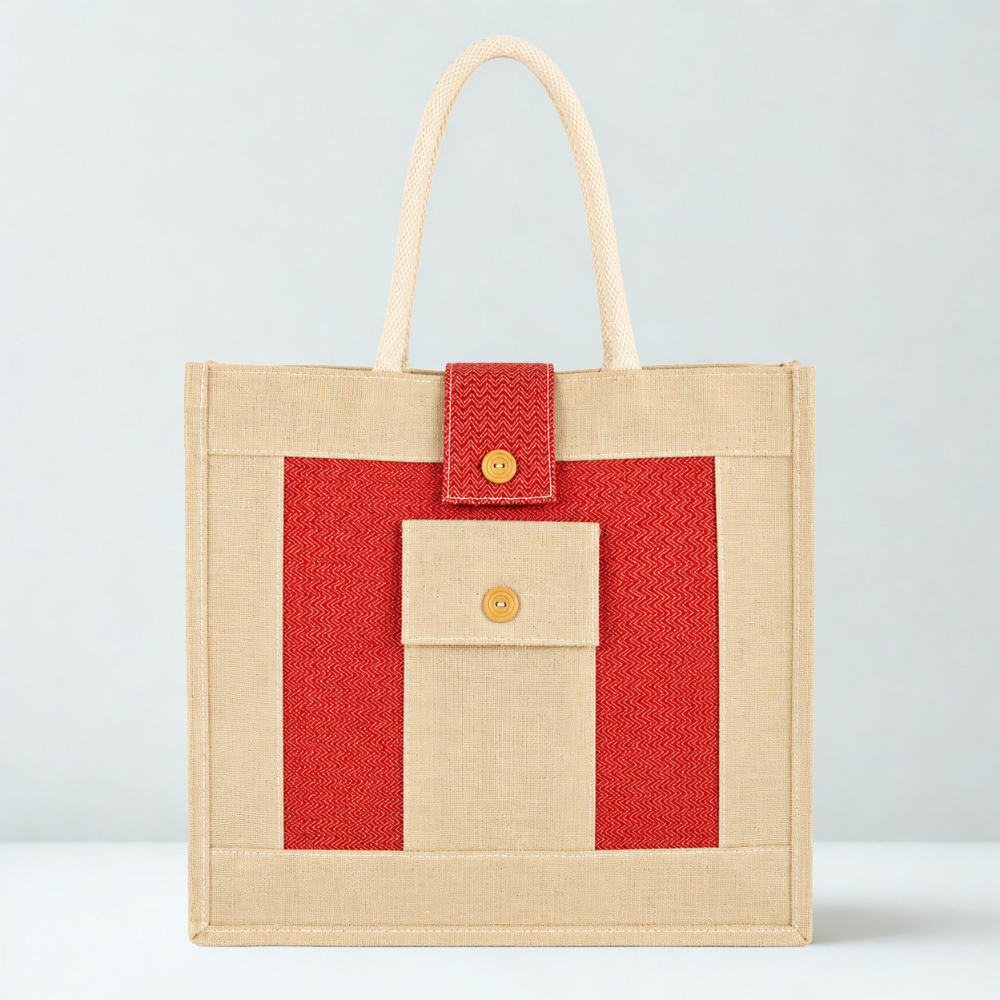 Designer Natural Jute Tote Bag with Utility Pocket & Button Flap Closure (Size- - 14"X16"x05")