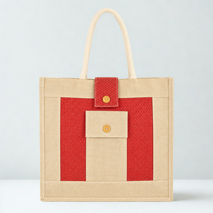 Designer Natural Jute Tote Bag with Utility Pocket & Button Flap Closure (Size- - 14"X16"x05")