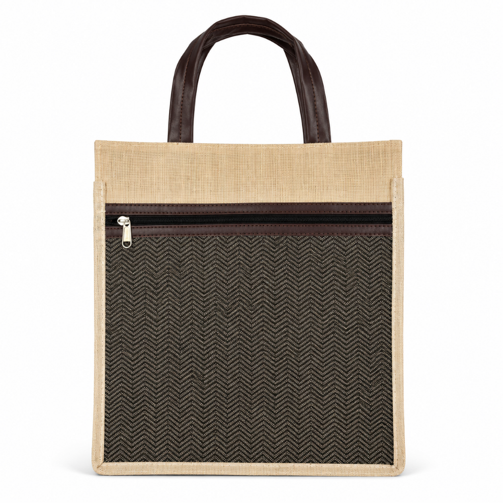 Premium Designer Jute Office Tote Bag with Front Zipper Pocket & Leatherette Handles (size - 12"X14"x5")