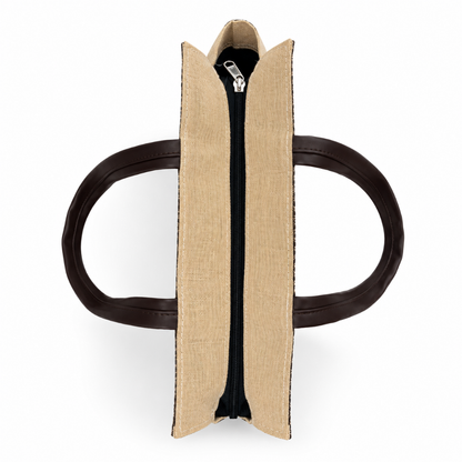 Premium Designer Jute Office Tote Bag with Front Zipper Pocket & Leatherette Handles (size - 12"X14"x5")