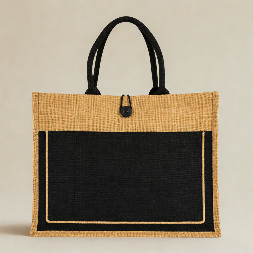 Premium Jute Tote Bag with Front Pocket & Button Closure – Natural & Black (Size - 14"X18"x5")