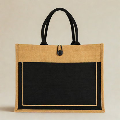 Premium Jute Tote Bag with Front Pocket & Button Closure – Natural & Black (Size - 14"X18"x5")