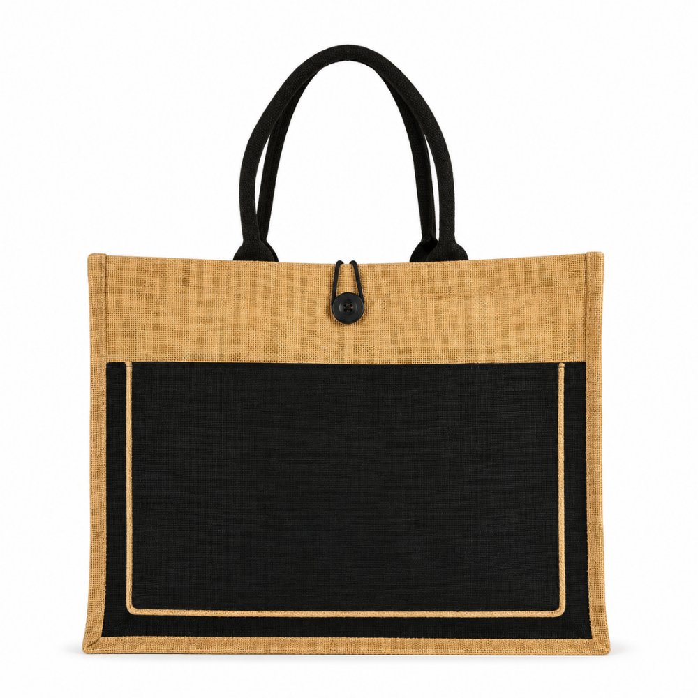 Premium Jute Tote Bag with Front Pocket & Button Closure – Natural & Black (Size - 14"X18"x5")