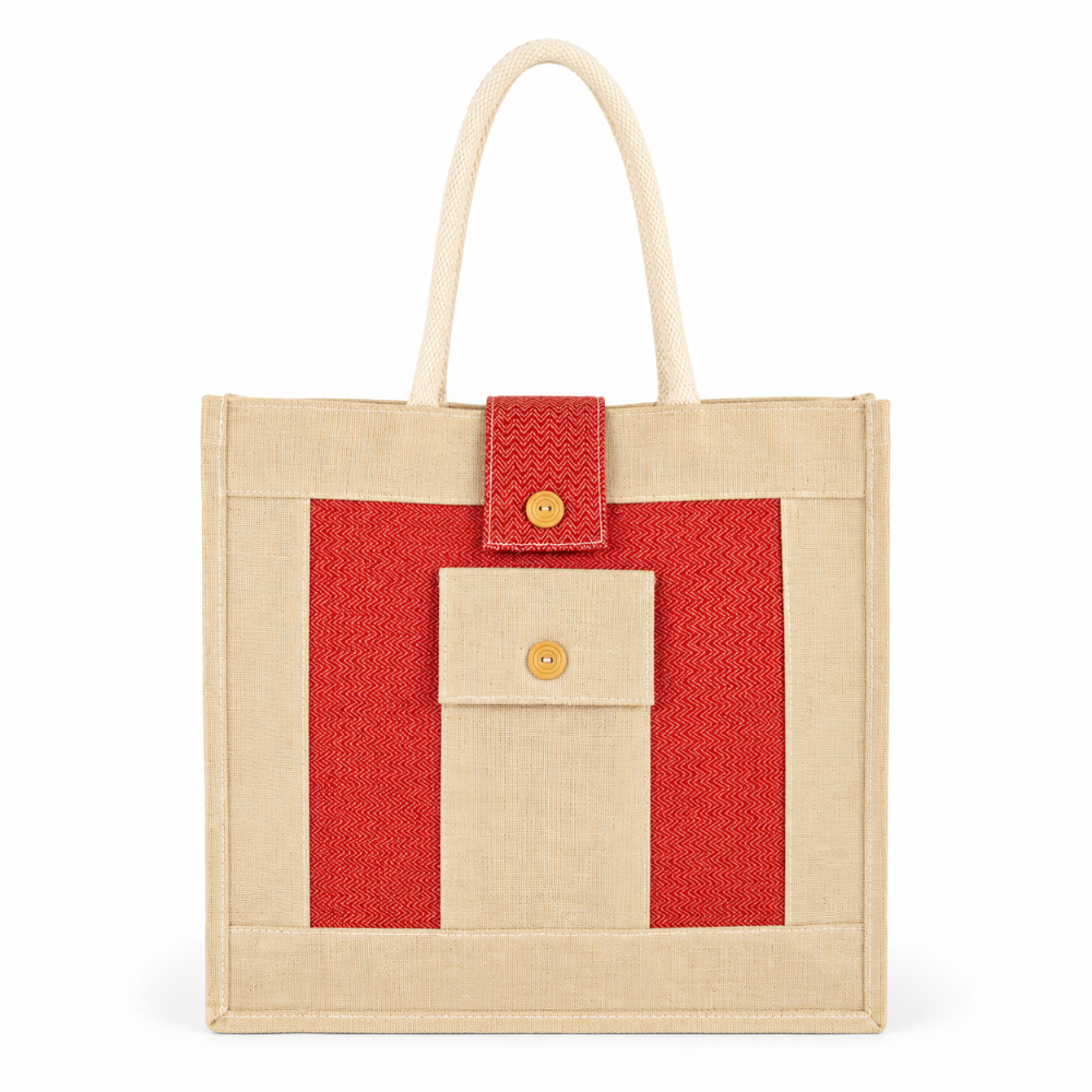 Designer Natural Jute Tote Bag with Utility Pocket & Button Flap Closure (Size- - 14"X16"x05")