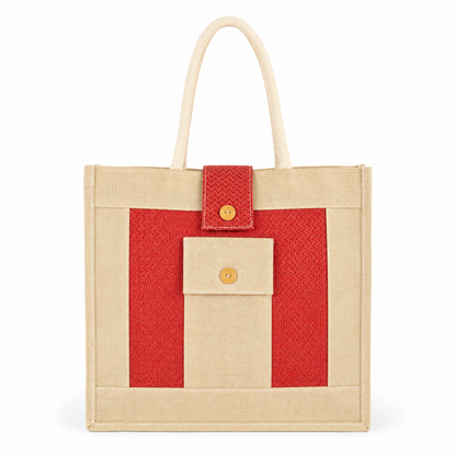 Designer Natural Jute Tote Bag with Utility Pocket & Button Flap Closure (Size- - 14"X16"x05")