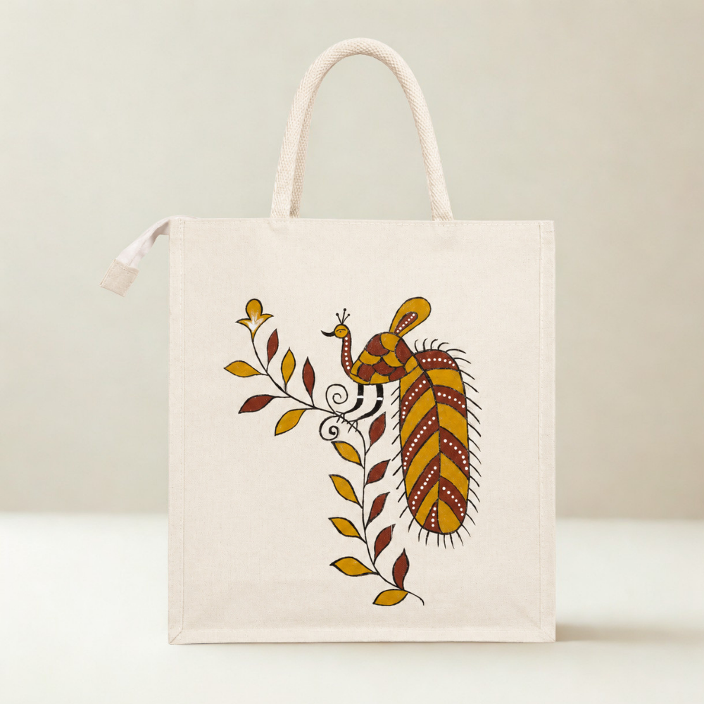 Hand-Painted Sohrai Art Cotton Tote Bag with Zip Closure – Eco-Friendly Designer Canvas Carry Bag ( Size- 14"X16"x05" )