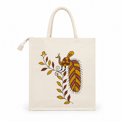 Hand-Painted Sohrai Art Cotton Tote Bag with Zip Closure – Eco-Friendly Designer Canvas Carry Bag ( Size- 14"X16"x05" )