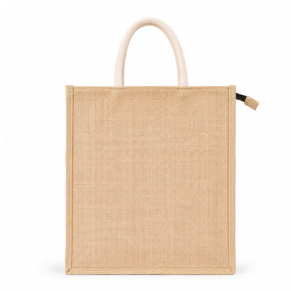 Premium Natural Jute Tote Bag with Zipper Closure & Cotton Rope Handles (Size- 16"x14"x5")