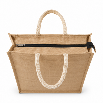 Premium Natural Jute Tote Bag with Zipper Closure & Cotton Rope Handles (Size- 16"x14"x5")