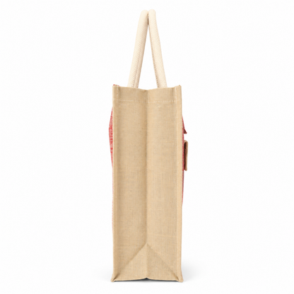 Designer Natural Jute Tote Bag with Utility Pocket & Button Flap Closure (Size- - 14"X16"x05")