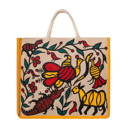 Natural Jute Bag With Hand Sohrai Painting