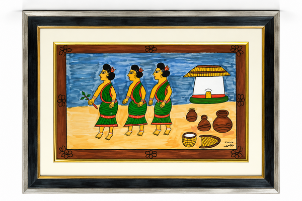 A framed Indian folk art painting depicting three figures diving into blue water with a boat and baskets on the shore, set in a black and silver frame with a cream mat.
