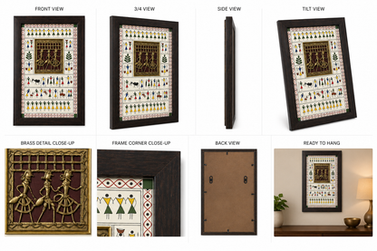 Tribal 3 Figure Brass Square Hand Artwork with Warli Art Frame